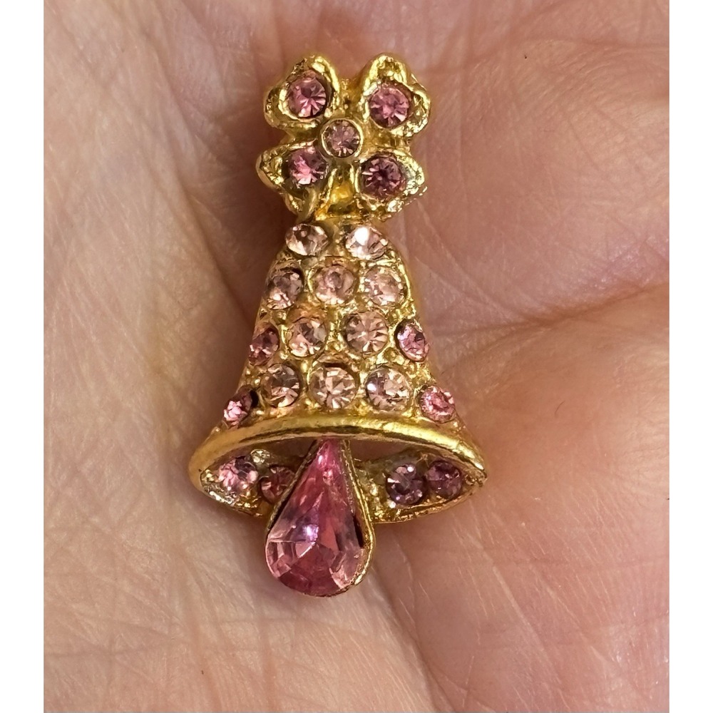 Vintage Dainty Pink Rhinestone Bell Brooch Articulated Clapper,